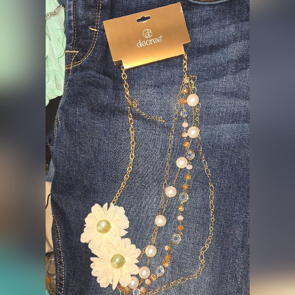 Decree Gold Necklace with White Floral and Pearl Accents